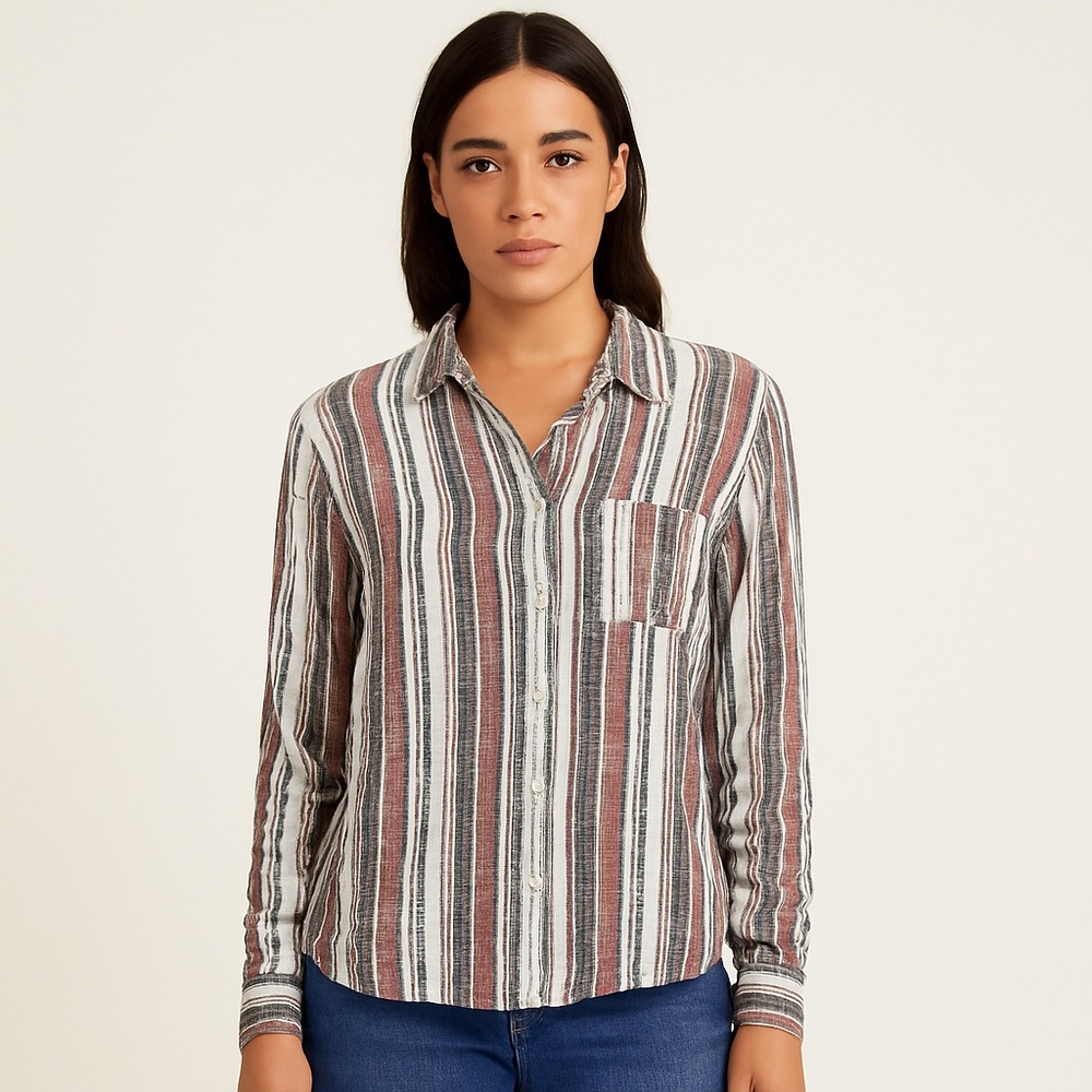 Dylan Striped Rayon Button Down Blouse Boho Multicolor Size Small